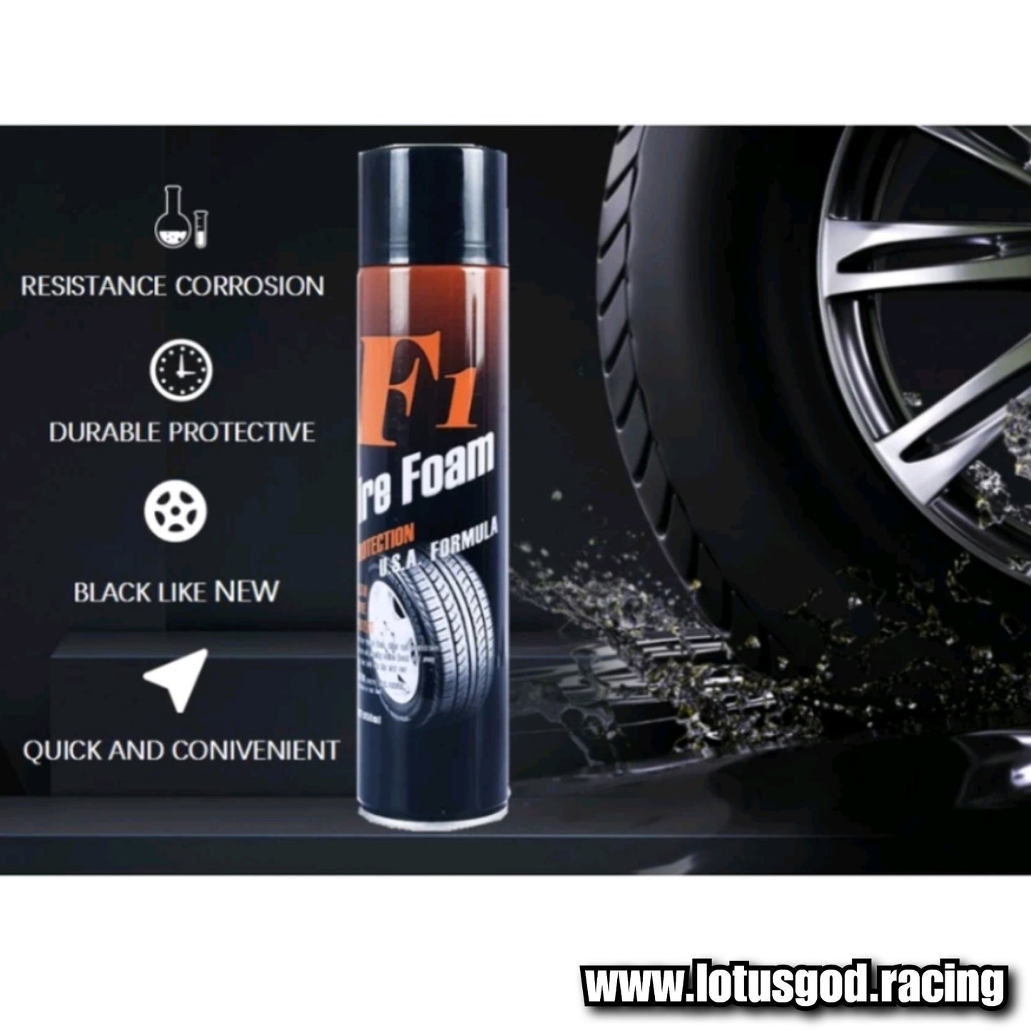 F1 Racing Black Tyre Rubber Plastic Cleaner Foam Shine Spray For Car Lorry Van Pick Up Motorcycle Tires 600ml