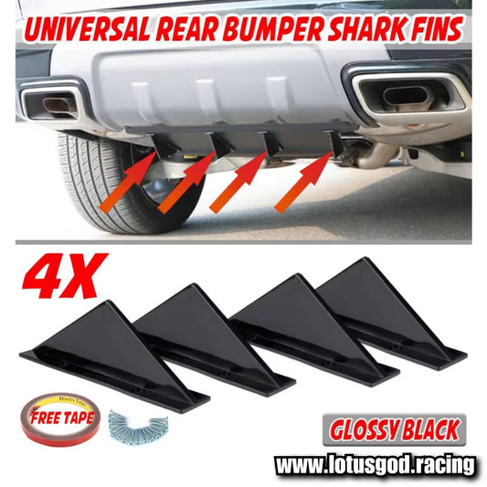 Universal 4 Pieces Of Flat Rear Bumper Glossy Black Lip Diffuser Shark Fins Bodykit For Car Lorry Van Pick Up Etc