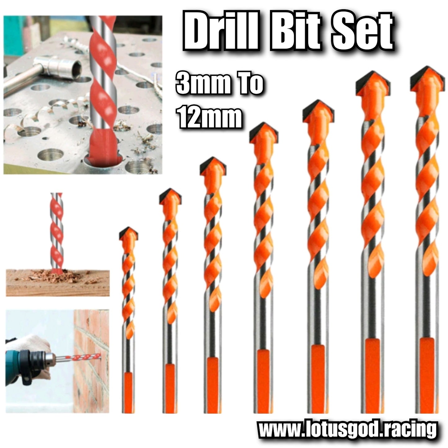 3mm | 4mm | 5mm | 6mm | 8mm | 10mm | 12mm Drill Bits Set for Tile Brick Glass Plastic Fiberglass Bodykit Bumper Porcelain Ceramic Masonry Wall Wood (7 Pieces)