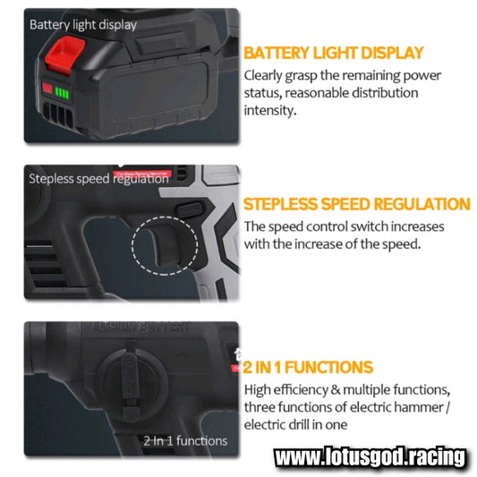 Sds Plus 1000W Rechargeable Electric Rotary Hammer Cordless Multifunction Hammer Impact Drill Power Tool + 2 Rechargeable Battery + Charger Set
