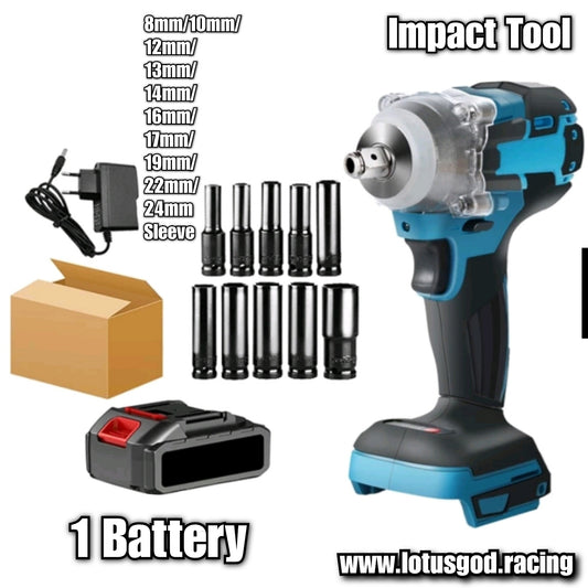 1/2" Square Drive 520Nm Cordless Electric Impact Wrench Brushless Electric Hand Gun Drill + 10 Wheel Nut Bolt Socket Power Tool + 388V Lithum Battery