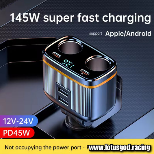 12V | 24 Volts 6 in 1 Cigarette Lighter Splitter 145w USB Type C Car Charger 4 Ports PD30W Car Charger Adapter Voltage Display for All Car Devices