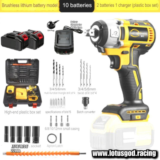 2 In 1 Yellow Cordless Electric Impact Wrench Brushless Electric Hand Gun Drill Wheel Nut Screw Bit Bolt Socket Power Tool + 2 Lithum 388vf Battery Charger + Socket Drill Bits + Case Box Set