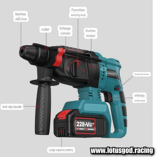 Sds Plus 21W Rechargeable Wireless Rotary Hammer Cordless Brushless Multifunction Impact Power Tool + 2 Lithium Rechargeable Big Battery + Chunk Drill Bit Charger Set