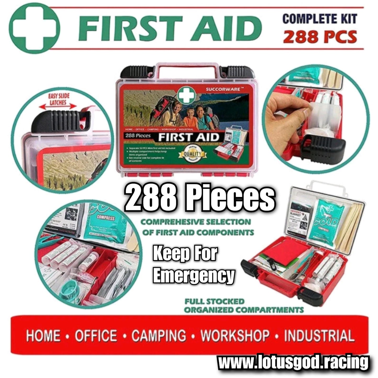 Premium 288 Pieces Small & Portable Waterproof First Aid Kit Emergency Medical Supplies Iso 1348 Certified Box For Car Bus Lorry Van Pick Up Private Jet Home Office Yacht