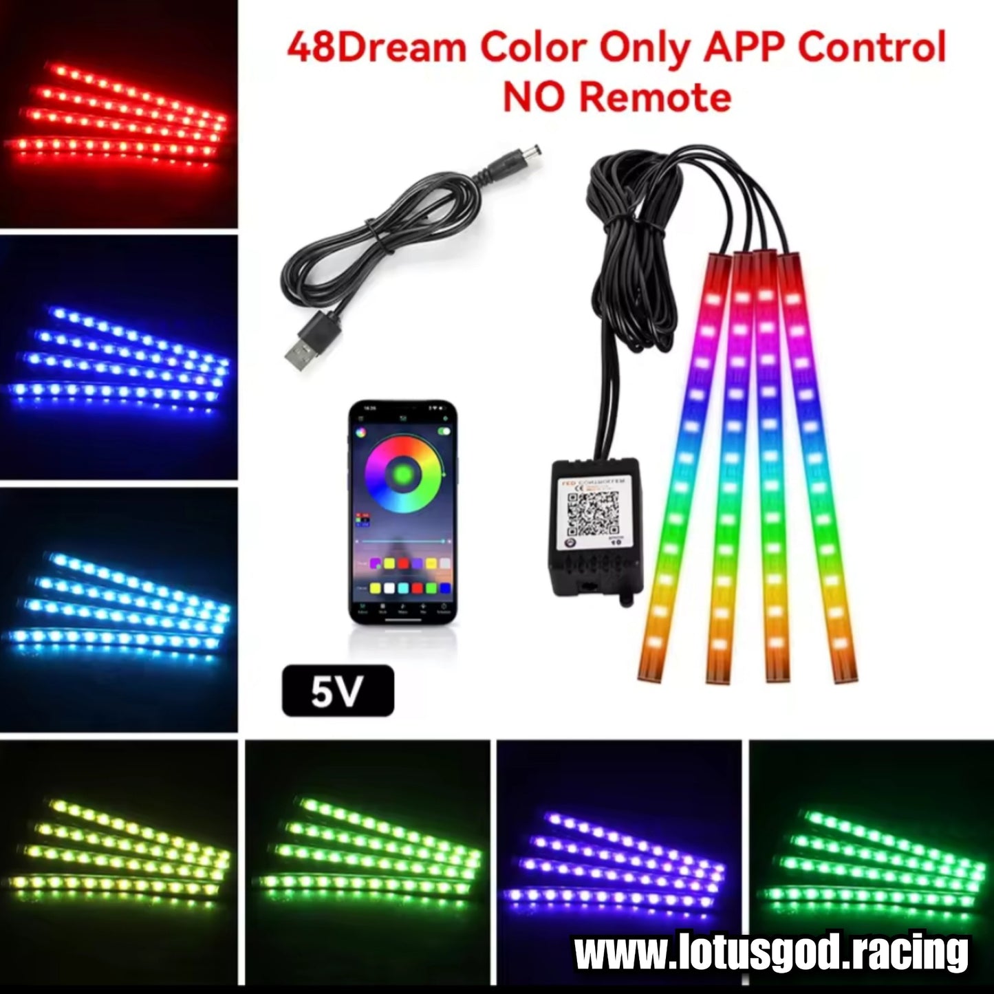 Universal USB Powered Wireless App Music Control 7 Colours RGB Dream LED Strip Lights For Car Lorry Van Pick Up Interior Dashboard Foot Boot Etc