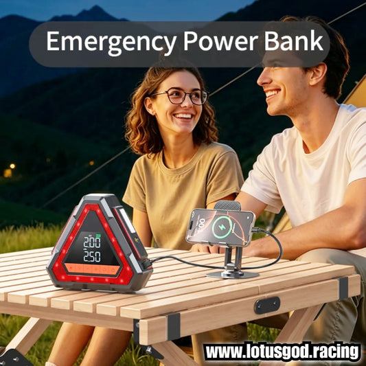 10000mah 5 in 1 Triangle Emergency 12 Volts Car Jump Starter & Tire Inflator | 12V Portable Battery Booster, Air Pump Compressor, Power Bank, LED Hazard Warning Light