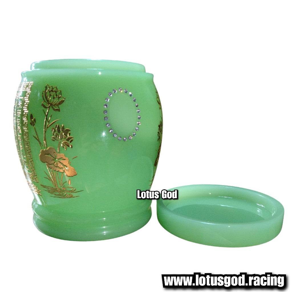 Urn Cremation Ash Keepsake Memory Jar Cinerary In Elegant Lotus Scripture Light Green Glass Jade