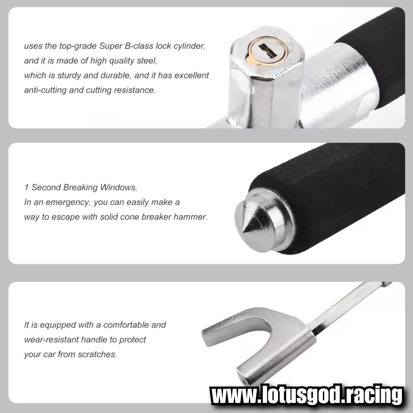 Universal Solid Car Steering Wheel Lock Adjustable Anti Theft Steering Wheel Lock + 3 Keys & Safety Glass Hammer Function For All Type Of Theft Prevention For Your Expensive Vehicle