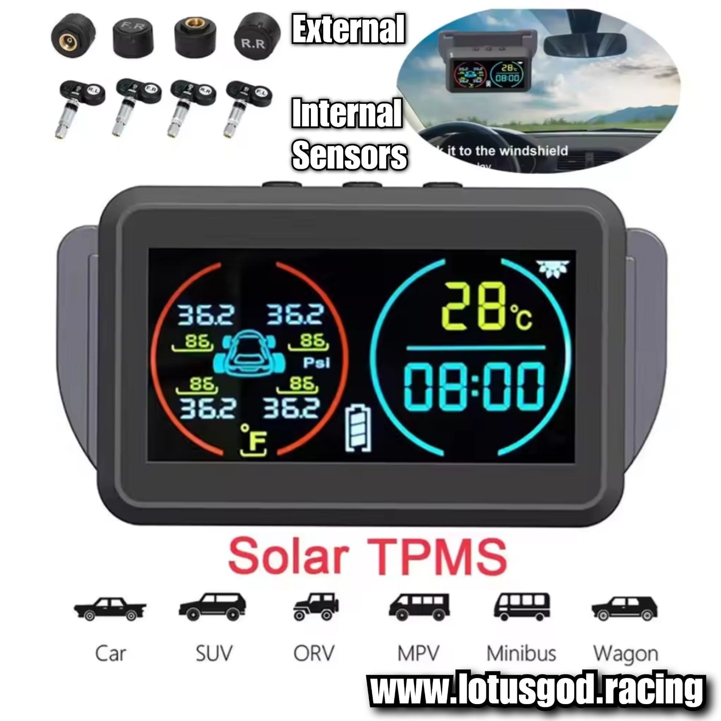 Tpms Wireless Solar Power Rechargeable USB LED Internal | External Tyre Pressure Monitoring System for Real Time Detection