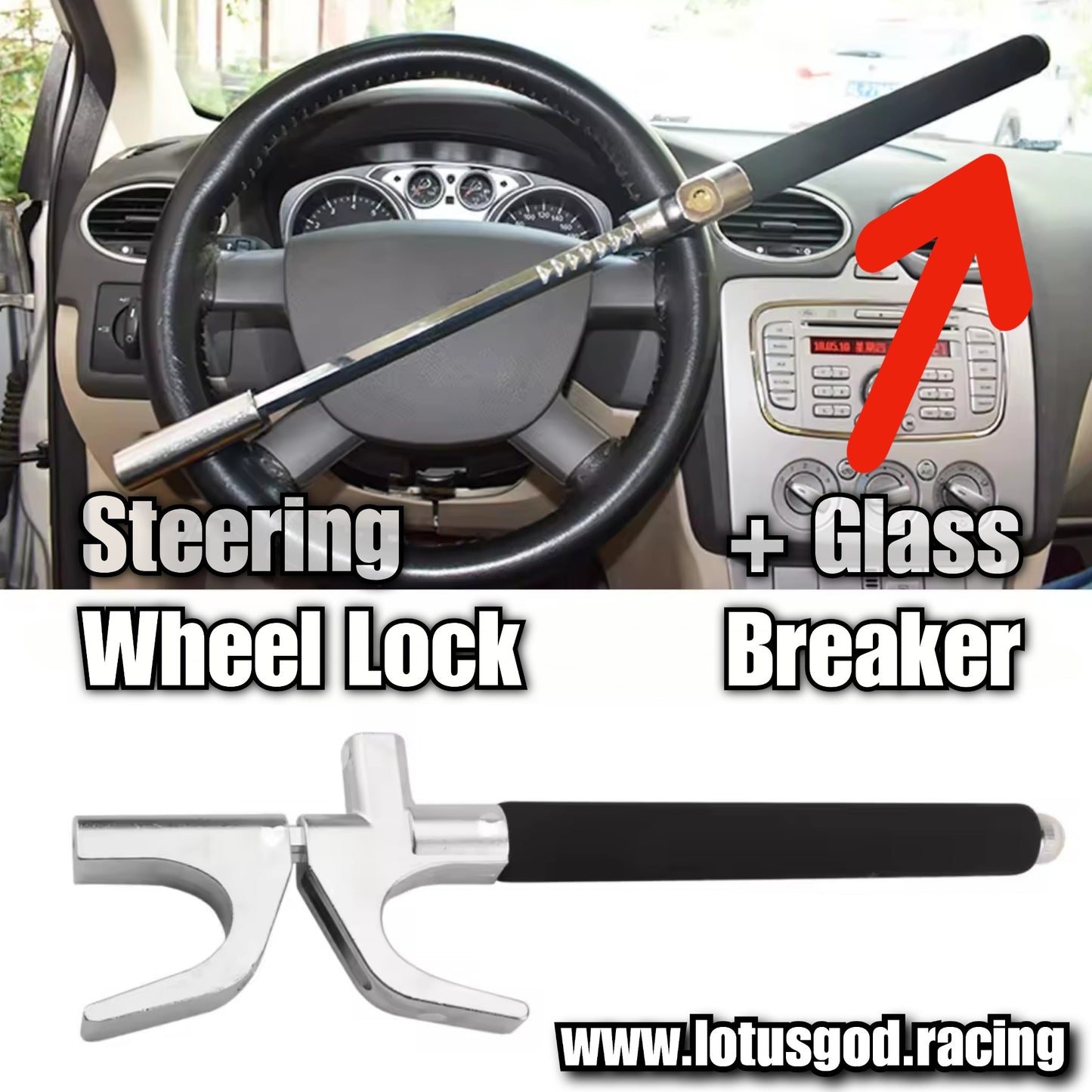 Universal Solid Car Steering Wheel Lock Adjustable Anti Theft Steering Wheel Lock + 3 Keys & Safety Glass Hammer Function For All Type Of Theft Prevention For Your Expensive Vehicle