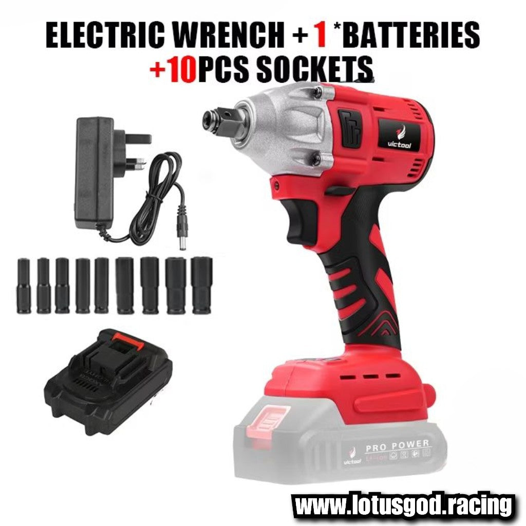 1/2" Square Drive 520Nm Cordless Electric Impact Wrench Brushless Electric Hand Gun Drill + 10 Wheel Nut Bolt Socket Power Tool + 388V Lithum Battery