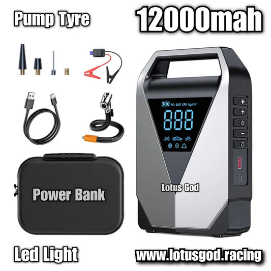 12000mah 4 In 1 Portable 12 Volts Car Jump Start + Air Pump Compressor Tyre Inflator + Power Bank + Led Light 12V Car Battery Starter