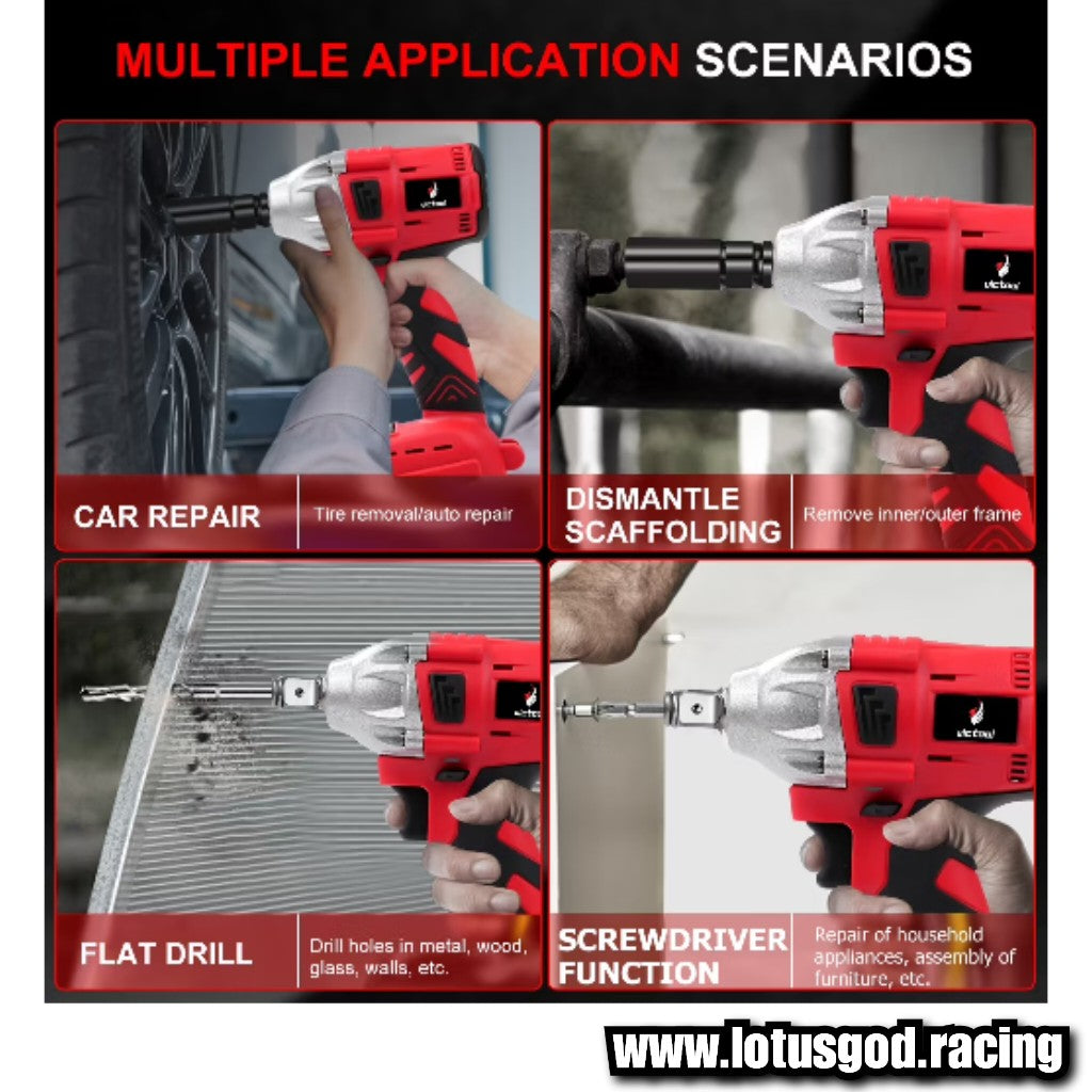 1/2" Square Drive 520Nm Cordless Electric Impact Wrench Brushless Electric Hand Gun Drill + 10 Wheel Nut Bolt Socket Power Tool + 388V Lithum Battery