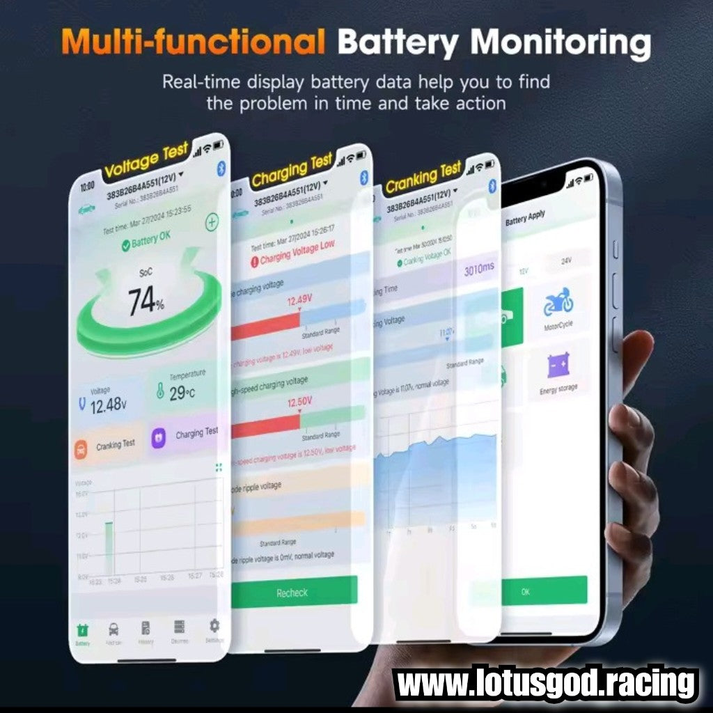 6V | 12V | 24 Volts Wireless Bluetooth AGM Gel EFB Lead Acid Lithium Battery Health Monitor Tester For Super Cars Motorcycles Trucks  Boats Lorry Van Pick Up Etc