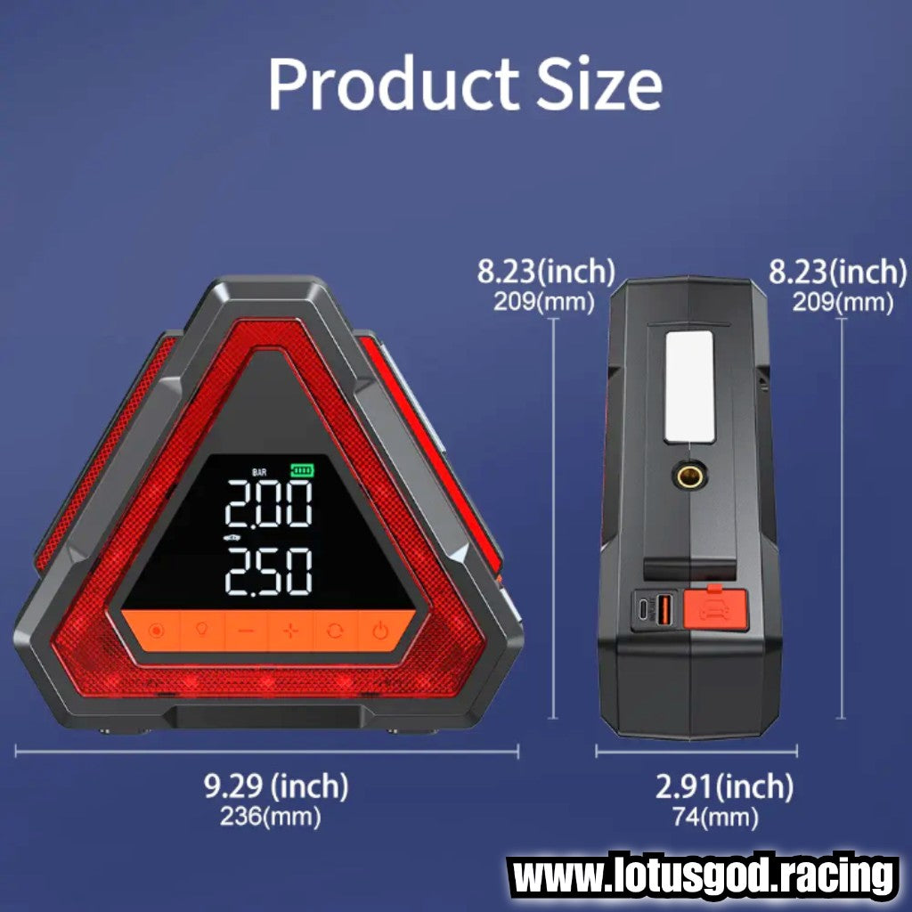 10000mah 5 in 1 Triangle Emergency 12 Volts Car Jump Starter & Tire Inflator | 12V Portable Battery Booster, Air Pump Compressor, Power Bank, LED Hazard Warning Light