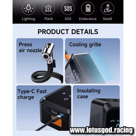 12000mah 4 In 1 Portable 12 Volts Car Jump Start + Air Pump Compressor Tyre Inflator + Power Bank + Led Light 12V Car Battery Starter