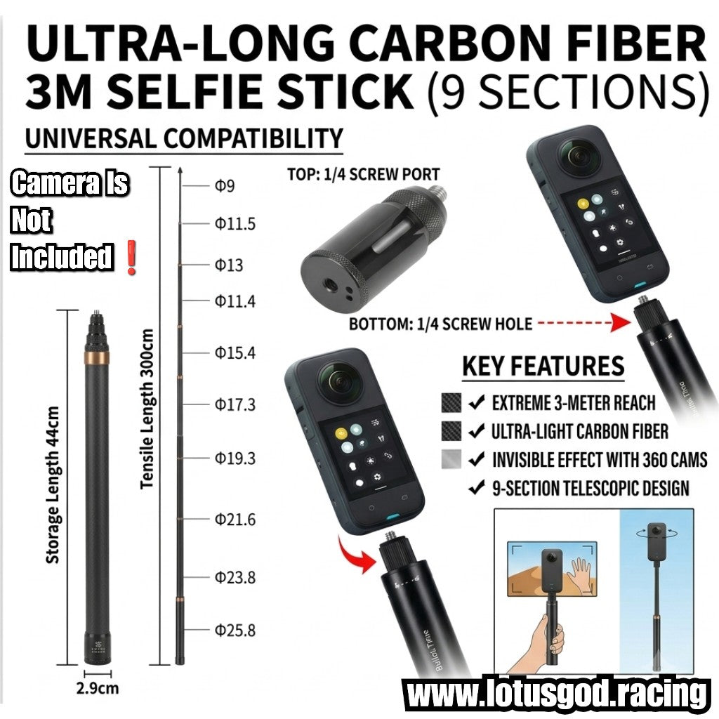 1/4" Ultra Long 3 Meters Carbon Fiber Invisible Selfie Stick (300cm Extendable Pole for Insta360, GoPro & Action Cameras) 3rd Person View