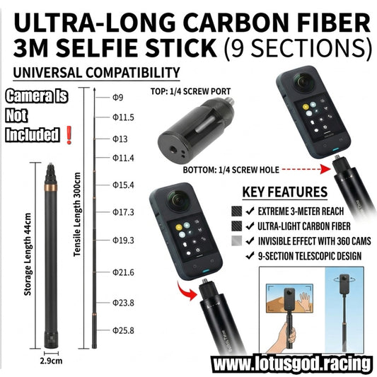 1/4" Ultra Long 3 Meters Carbon Fiber Invisible Selfie Stick (300cm Extendable Pole for Insta360, GoPro & Action Cameras) 3rd Person View