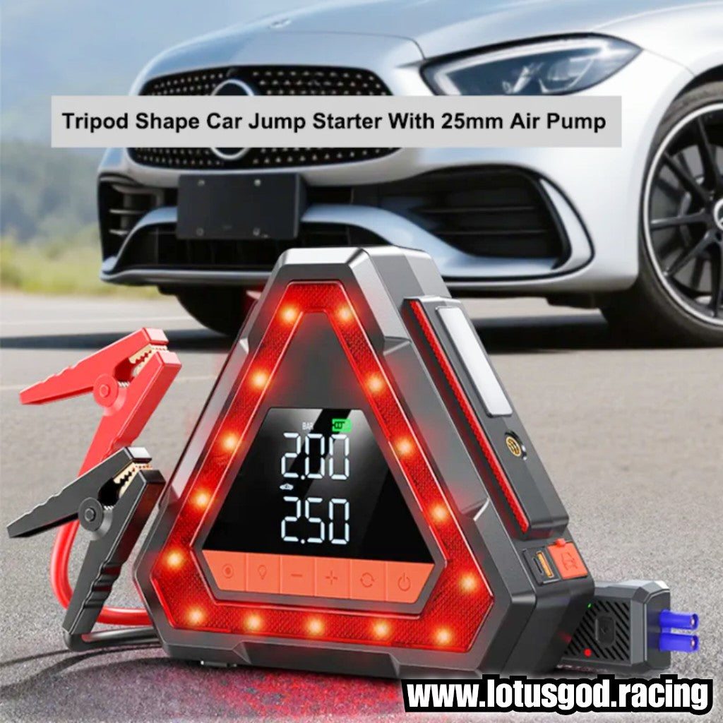 10000mah 5 in 1 Triangle Emergency 12 Volts Car Jump Starter & Tire Inflator | 12V Portable Battery Booster, Air Pump Compressor, Power Bank, LED Hazard Warning Light