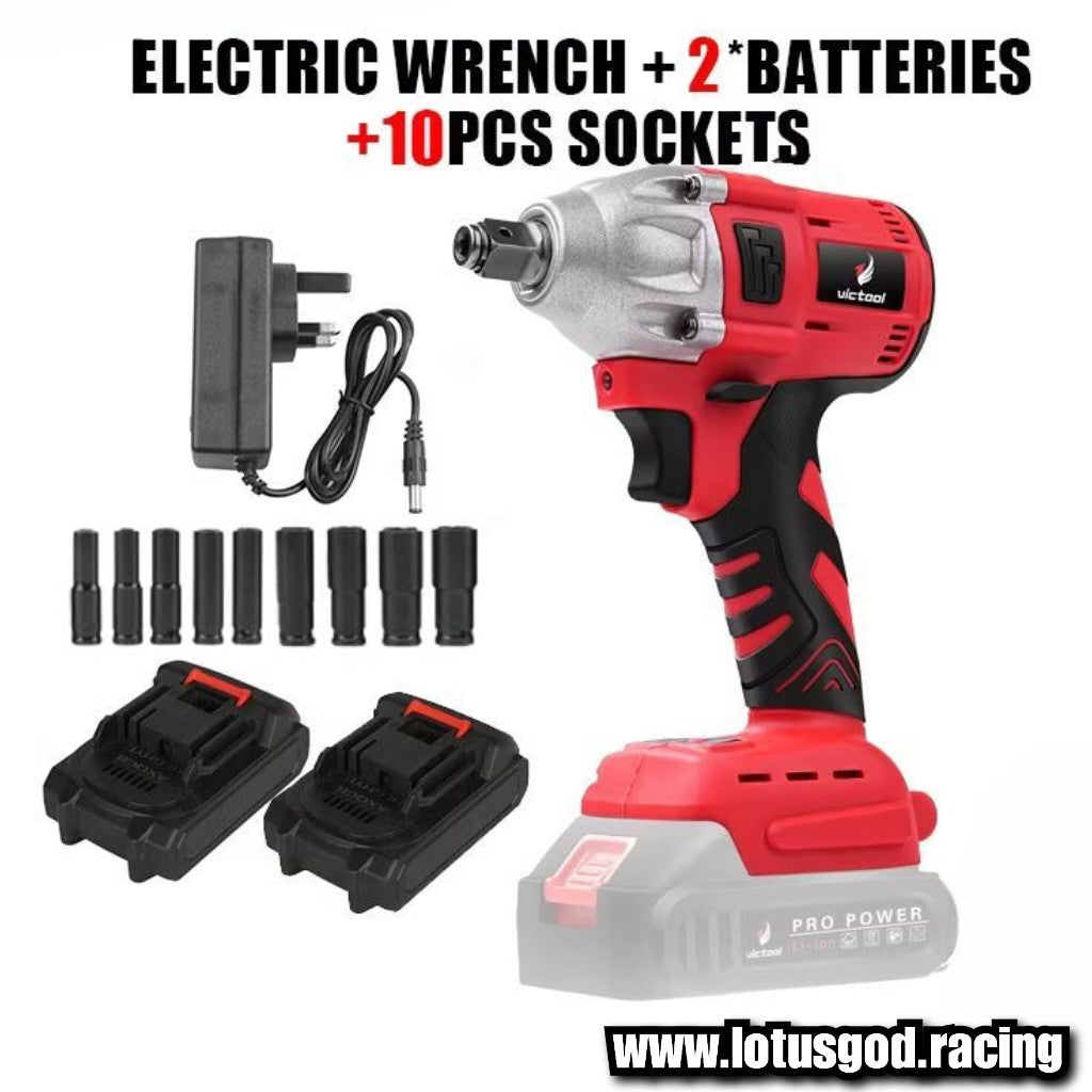 1/2" Square Drive 520Nm Cordless Electric Impact Wrench Brushless Electric Hand Gun Drill + 10 Wheel Nut Bolt Socket Power Tool + 388V Lithum Battery