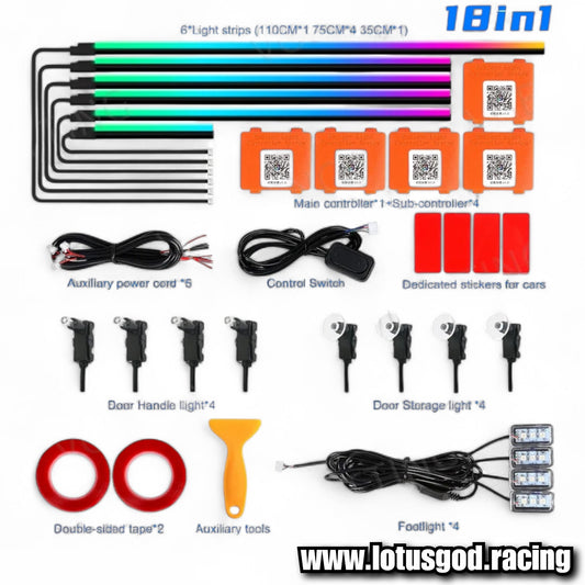 18 In 1 App RGB Super Smooth Dream Rainbow Ambient LED Strip Light Dashboard Glove Box Foot Door Panel Handle Passenger Front Speaker Storage Universal For All Vehicle Cars