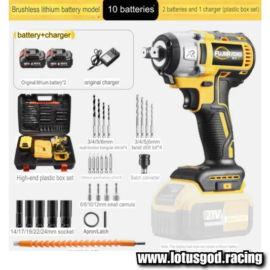 2 In 1 Yellow Cordless Electric Impact Wrench Brushless Electric Hand Gun Drill Wheel Nut Screw Bit Bolt Socket Power Tool + 2 Lithum 388vf Battery Charger + Socket Drill Bits + Case Box Set
