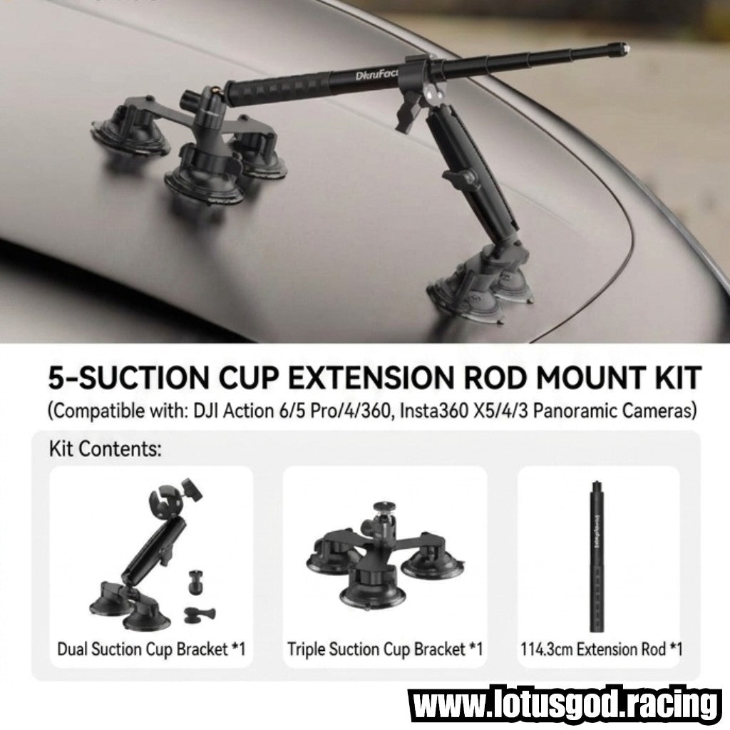 5 Strong Suction Cups 3rd Person View 360° Panoramic Camera Selfie Stick Car Mount Kit For Insta360 Gopro Dji Action Cam Etc - Very Stable + Upgraded For Ultimate Stability