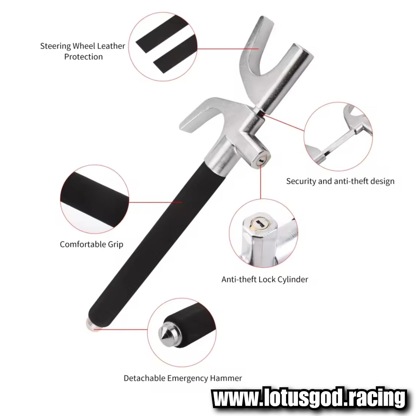 Universal Solid Car Steering Wheel Lock Adjustable Anti Theft Steering Wheel Lock + 3 Keys & Safety Glass Hammer Function For All Type Of Theft Prevention For Your Expensive Vehicle