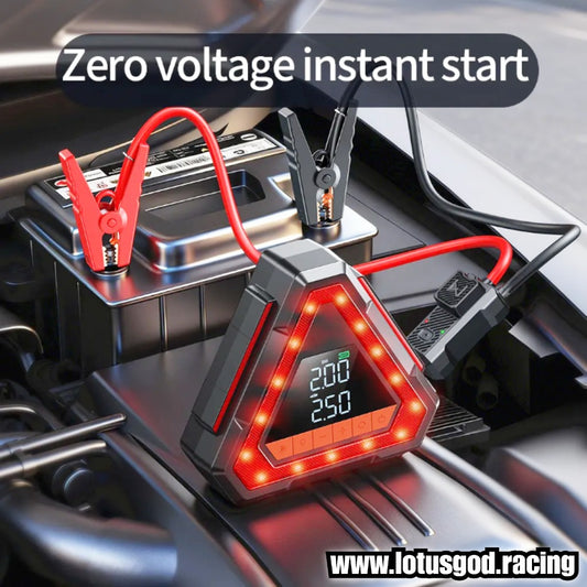 10000mah 5 in 1 Triangle Emergency 12 Volts Car Jump Starter & Tire Inflator | 12V Portable Battery Booster, Air Pump Compressor, Power Bank, LED Hazard Warning Light