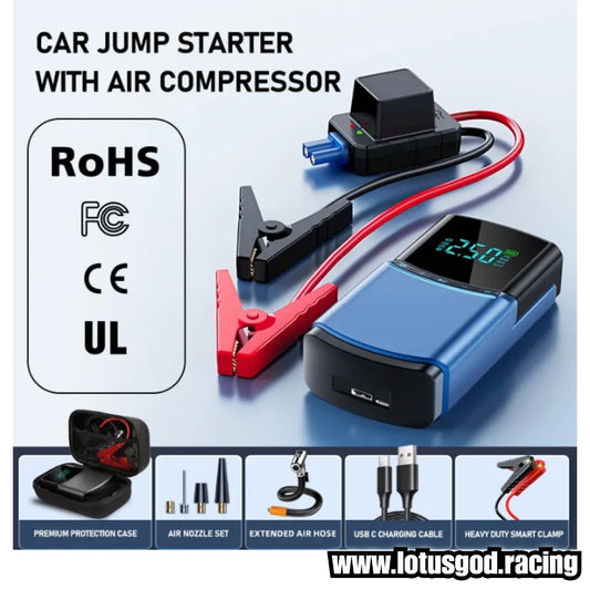 4 In 1 Portable Blue Motorcycle Bike Car Jump Start + Led + Power Bank Charger & Digital Air Compressor Tyre Pump (2000A Peak, 12000mAh Power Bank)