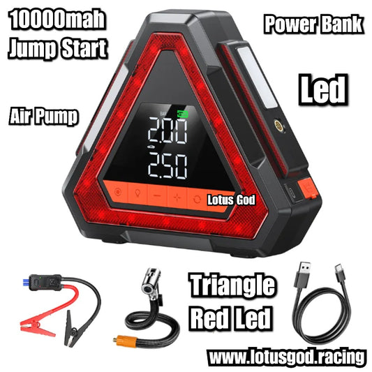 10000mah 5 in 1 Triangle Emergency 12 Volts Car Jump Starter & Tire Inflator | 12V Portable Battery Booster, Air Pump Compressor, Power Bank, LED Hazard Warning Light