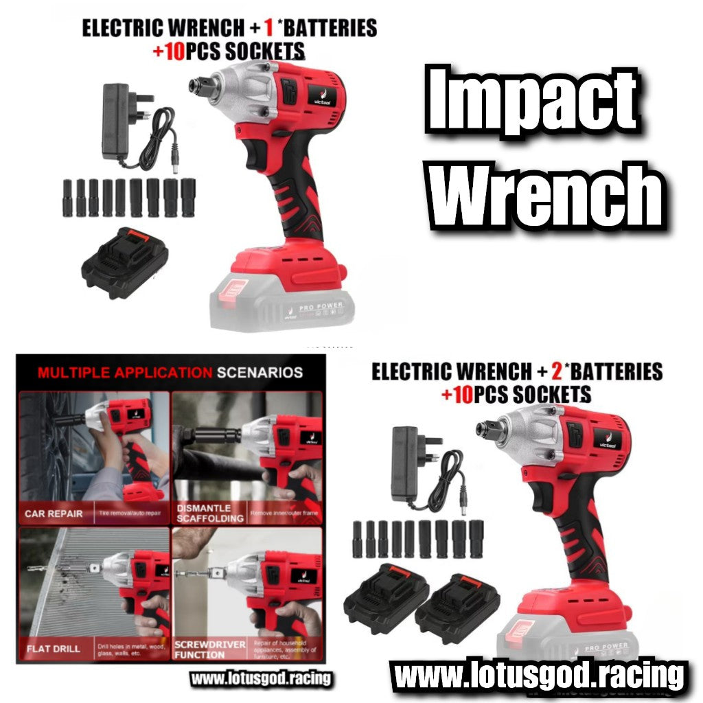 1/2" Square Drive 520Nm Cordless Electric Impact Wrench Brushless Electric Hand Gun Drill + 10 Wheel Nut Bolt Socket Power Tool + 388V Lithum Battery