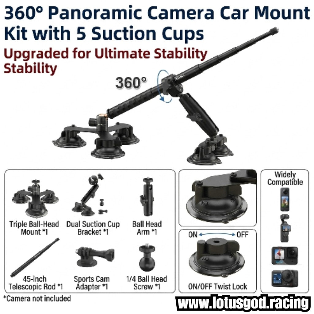 5 Strong Suction Cups 3rd Person View 360° Panoramic Camera Selfie Stick Car Mount Kit For Insta360 Gopro Dji Action Cam Etc - Very Stable + Upgraded For Ultimate Stability