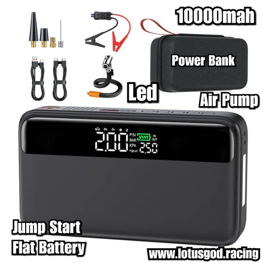 Real 10000mah Multi Function 4 In 1 Car Motorcycle Bicycle Tyre Battery Jump Start + Led + Tire Inflator & 65W Fast Charging Power Bank