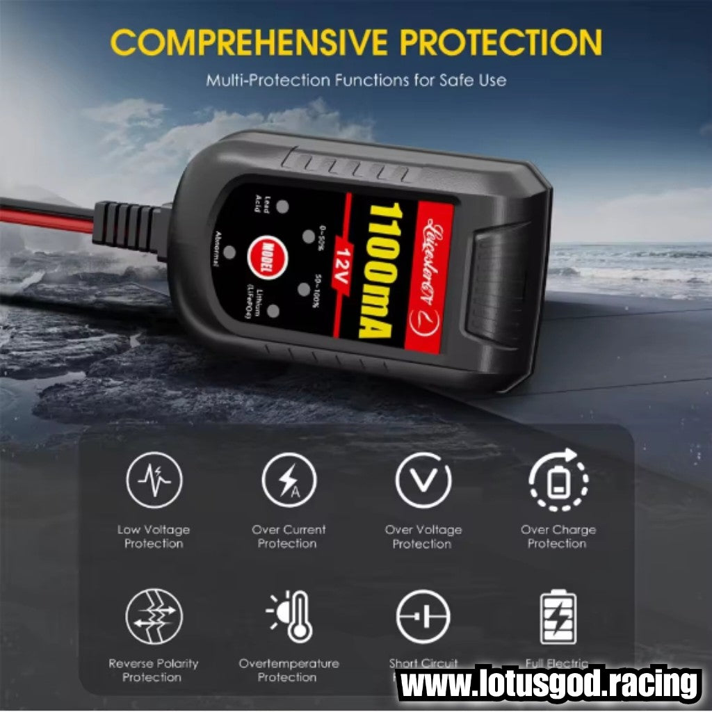 12 Volts Lead Acid 12V Lithium LiFePO4 2Ah -  - 25Ah Fully Automatic Smart Battery Charger & Repair Maintainer | US + UK Plug (Output 1.1A / 1100mA)