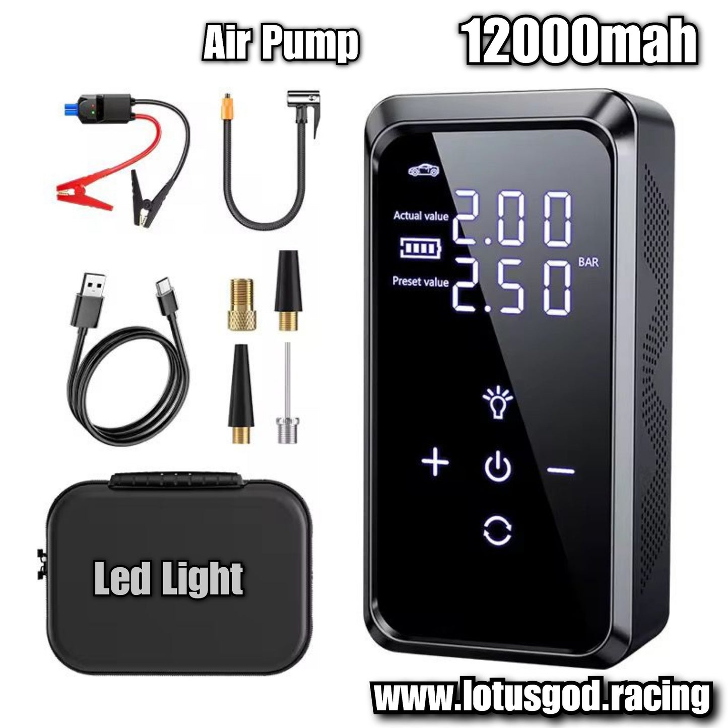 12000mah 4 In 1 Portable 12 Volts Car Jump Start + Air Pump Compressor Tyre Inflator + Power Bank + Led Light 12V Car Battery Starter