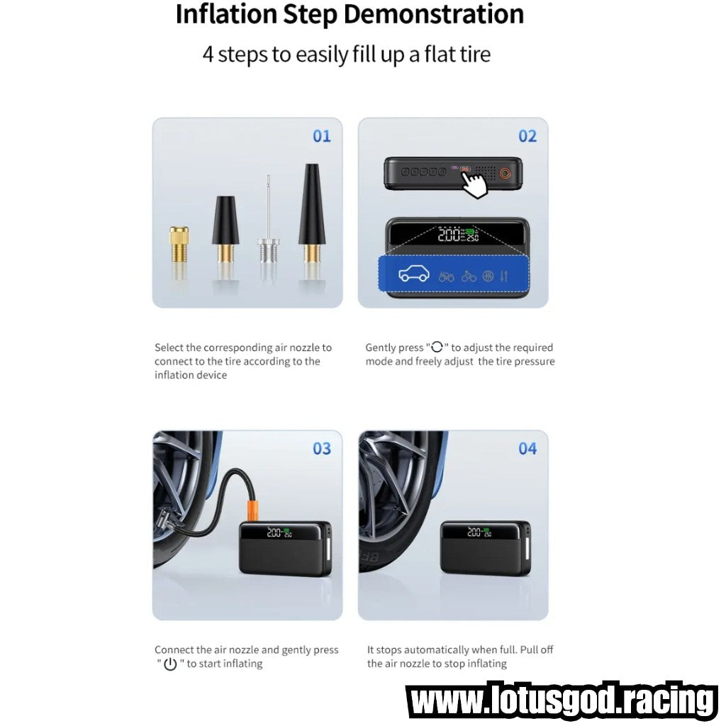Real 10000mah Multi Function 4 In 1 Car Motorcycle Bicycle Tyre Battery Jump Start + Led + Tire Inflator & 65W Fast Charging Power Bank