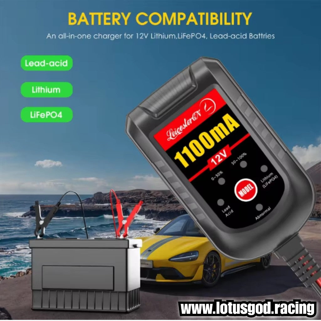 12 Volts Lead Acid 12V Lithium LiFePO4 2Ah -  - 25Ah Fully Automatic Smart Battery Charger & Repair Maintainer | US + UK Plug (Output 1.1A / 1100mA)