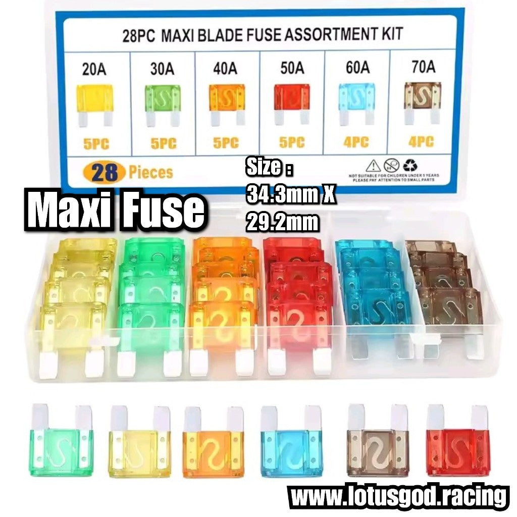 20A to 70A Big Maxi Blade Fuse Assortment Kit Premium Automotive Fuse Set With Clear Storage Case (28 Pieces)