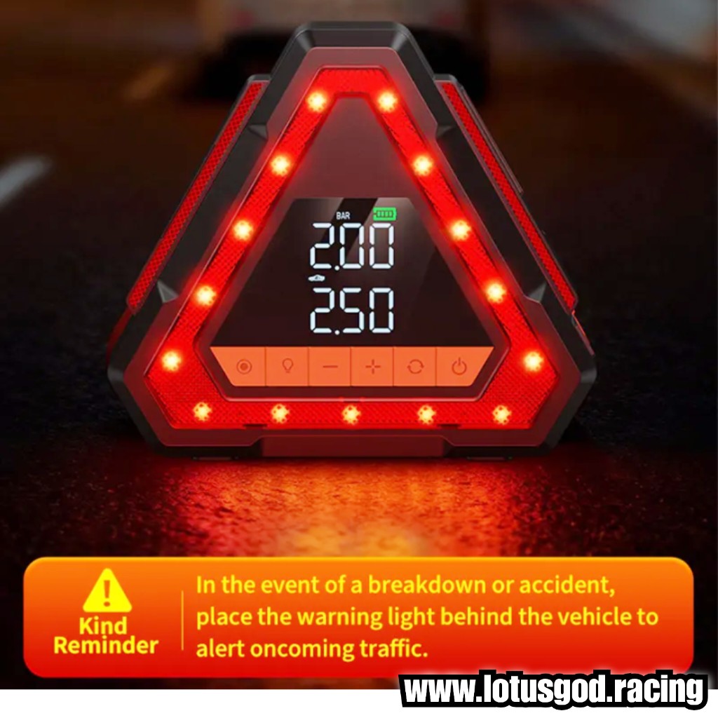 10000mah 5 in 1 Triangle Emergency 12 Volts Car Jump Starter & Tire Inflator | 12V Portable Battery Booster, Air Pump Compressor, Power Bank, LED Hazard Warning Light